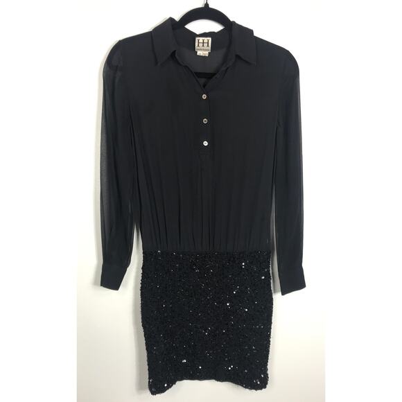 Haute Hippie Black Silk Dress Size XS Sheer Blouse Top Sequined Beaded Skirt - Picture 1 of 16